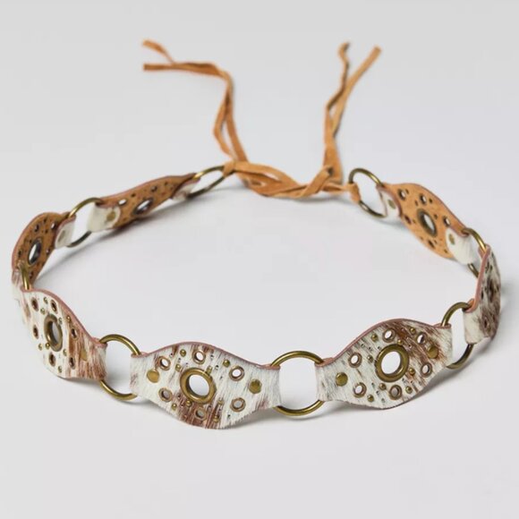 Urban Outfitters Gold Riveted Brown Cream Cow Print Calf Hair Tie Belt women 41\